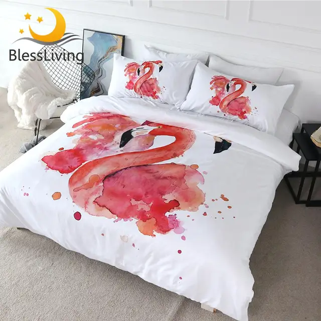 BlessLiving Pink Flamingo Bedding Set Romantic Comforter Cover for Couples Watercolor Bird Bed Cover Set Girl Tropical Bedspread 1