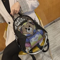 bear cub diamond women rucksack brand 2021 ita leather backpack girl rhinestone rivet shoulder bag sequins dos bagpack mochila