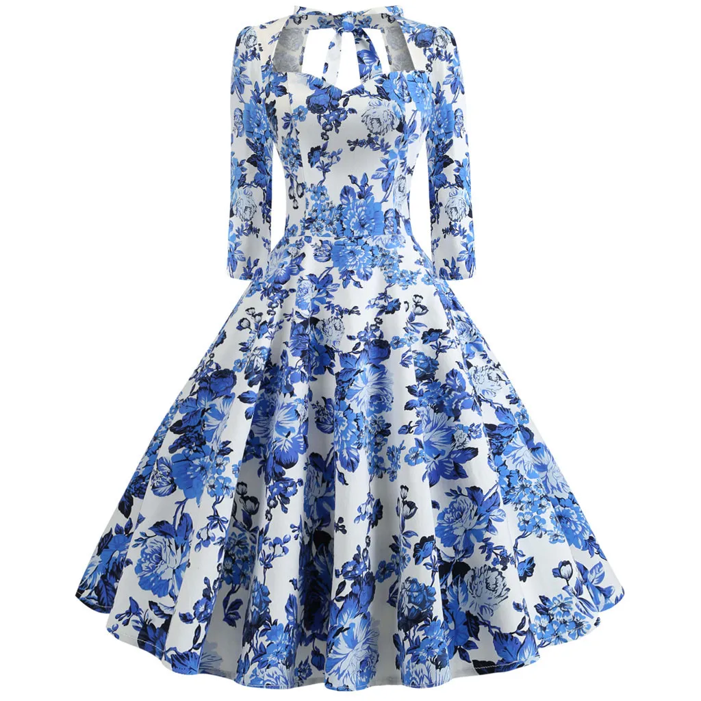 Модное женское элегантное платье с цветочным принтом длинным рукавом и круглым