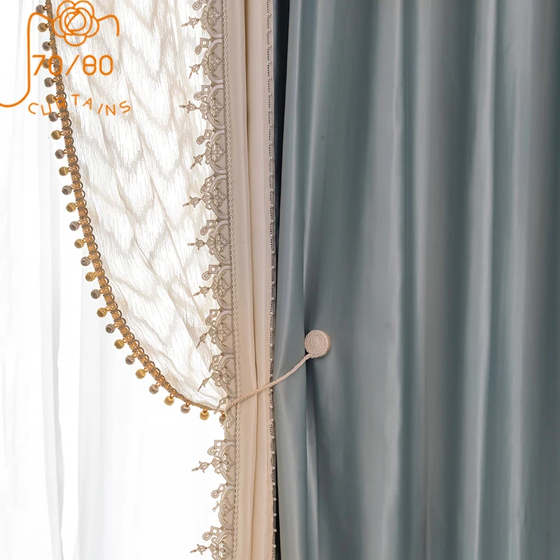 French Light Luxury Simulation Silk Haze Blue Lace Stitching Blackout Curtains for Living Room Bedroom Custom Products