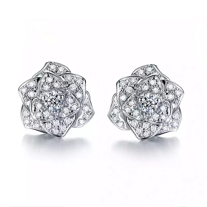 

Exquisite Boho Rose Flower Stud Earrings For Women Shine Crystal CZ Piercing Earrings Fashion Jewelry Wedding Accessories Gift