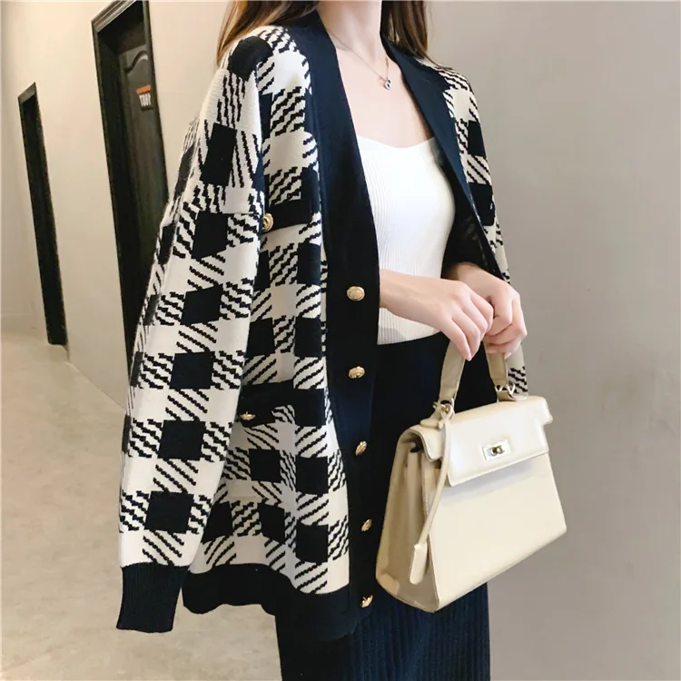 SINGRAIN Новинка женские вязаные Длинные кардиганы модные клетчатые топы с рисунком