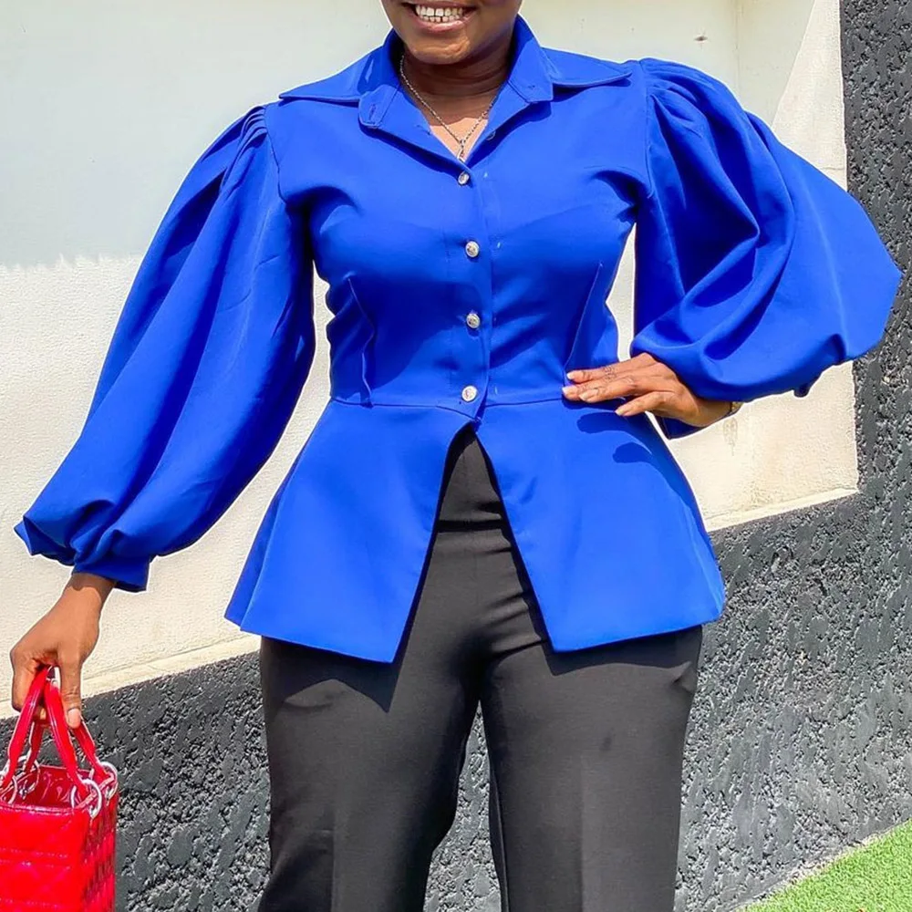 

Fashion African Women Blue Blouse Lapel Slim Single-Breasted Long Sleeve Top Spring Office Lady Casual Shirt Female Clothing New