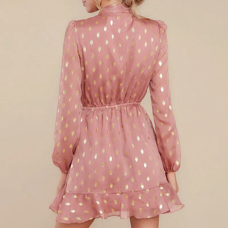 

Spring Sweet Elegant Women Dot Mini Dress 2020 Casual Bow Ruffles Lantern Sleeves Pink Dress