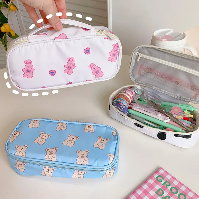 

Cute Design Pencil Bag Pen Case Cartoon Bear Milk Rabbit Mesh Layer Handbag Storage Pouch Stationery Office School