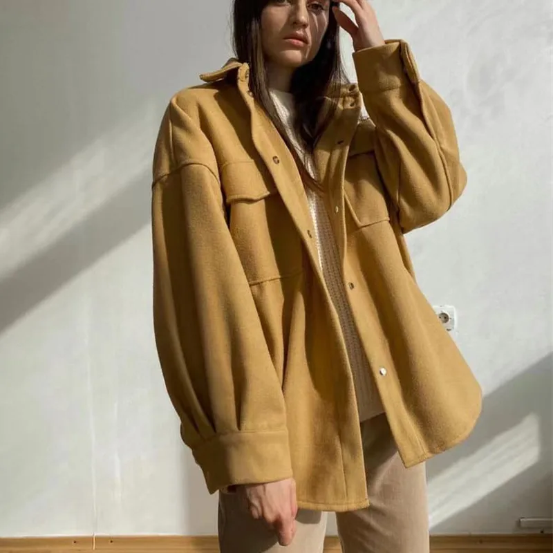 

ZXQJ Women Loose Camel Jacket 2021 Autumn Fashion Ladies Casual Chic Outwear Femal Solid Color Long Sleeve Short Coat