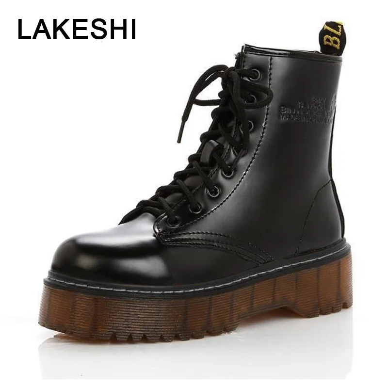LAKESHI/женские ботинки; зимняя обувь в стиле панк; ботильоны; Женские Кожаные Ботинки martin на платформе; женская обувь; сезон осень-зима