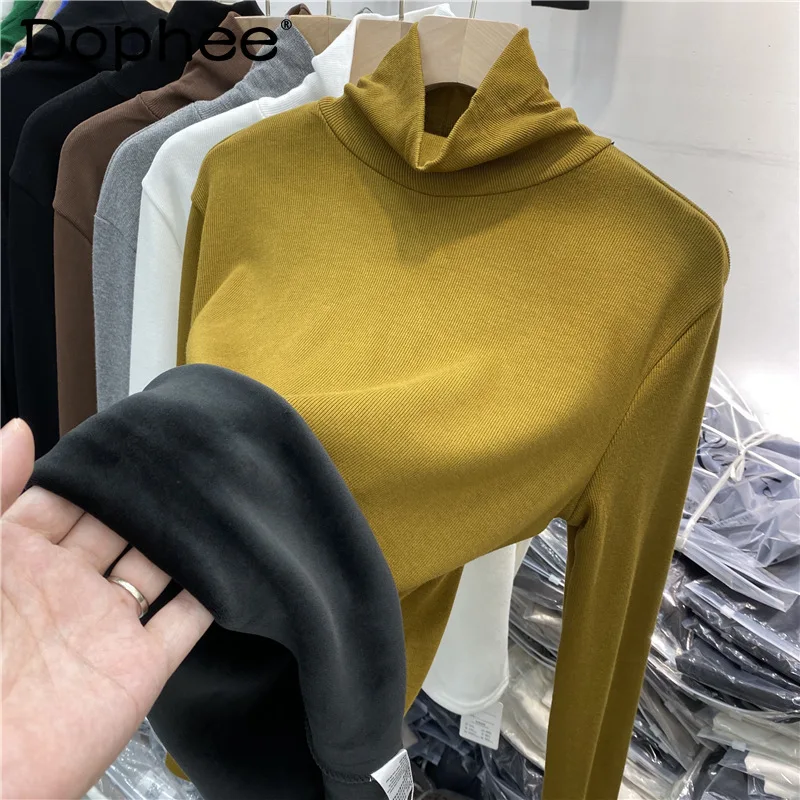 

Fleece-Lined Thickened Turtleneck Long Sleeve Knitted T-shirt Women Warm Inner Bottoming Shirt Top Trendy Autumn Winter Sweater
