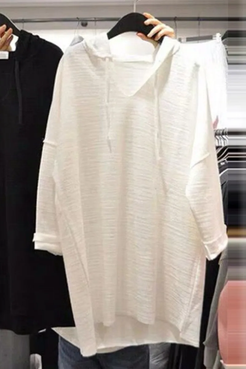 

2021 Spring New Solid Hooded Full Sweatshirt Women Loose Slubby Cotton Pullover Top