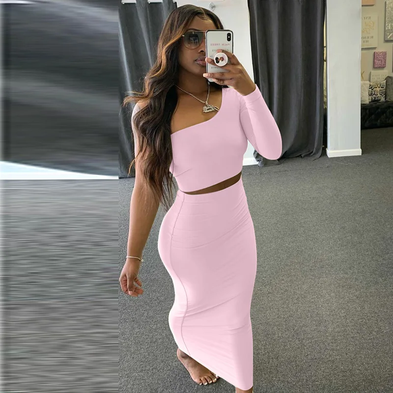 

Women Two Piece Set Crop Top Long Sleeve One Shoulder Elegant Midi Skirt Bodycon Sexy Streetwear Autumn Winter Matching