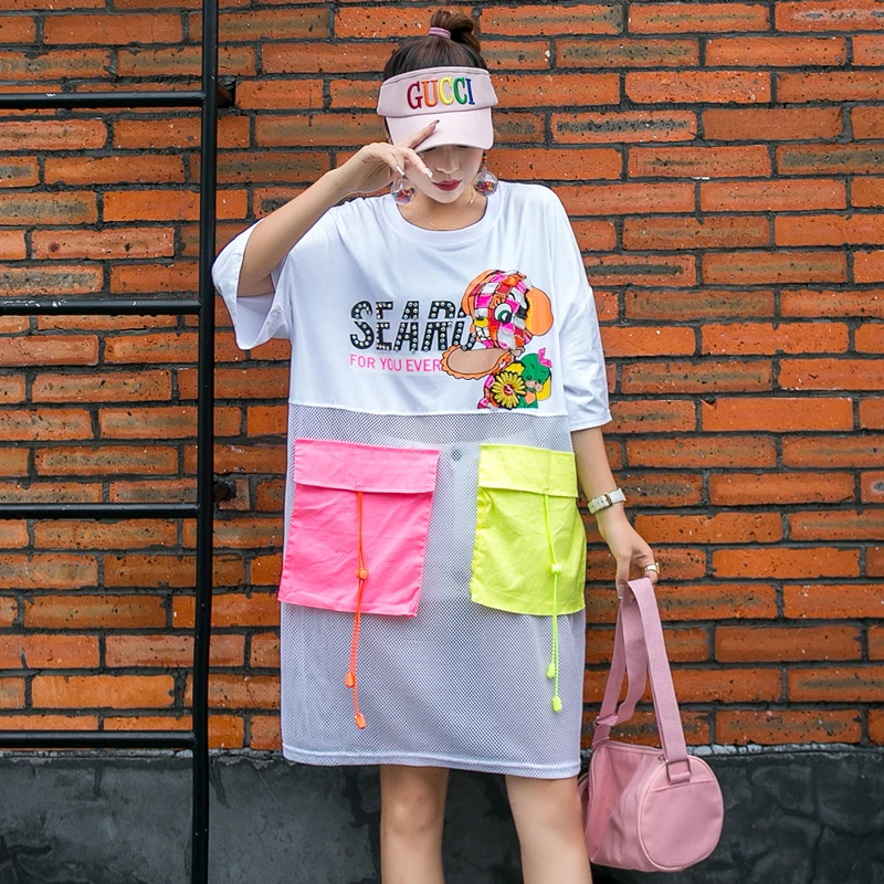 

European goods tide brand 2020 summer new personality mesh stitching contrast pocket hollow short-sleeved T-shirt loose dress