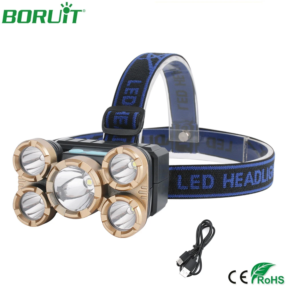

BORUiT Mini 5 LED Headlamp USB Rechargeable Built-in 18650 Battery Head Flashlight for Camping Outdoor Lighting