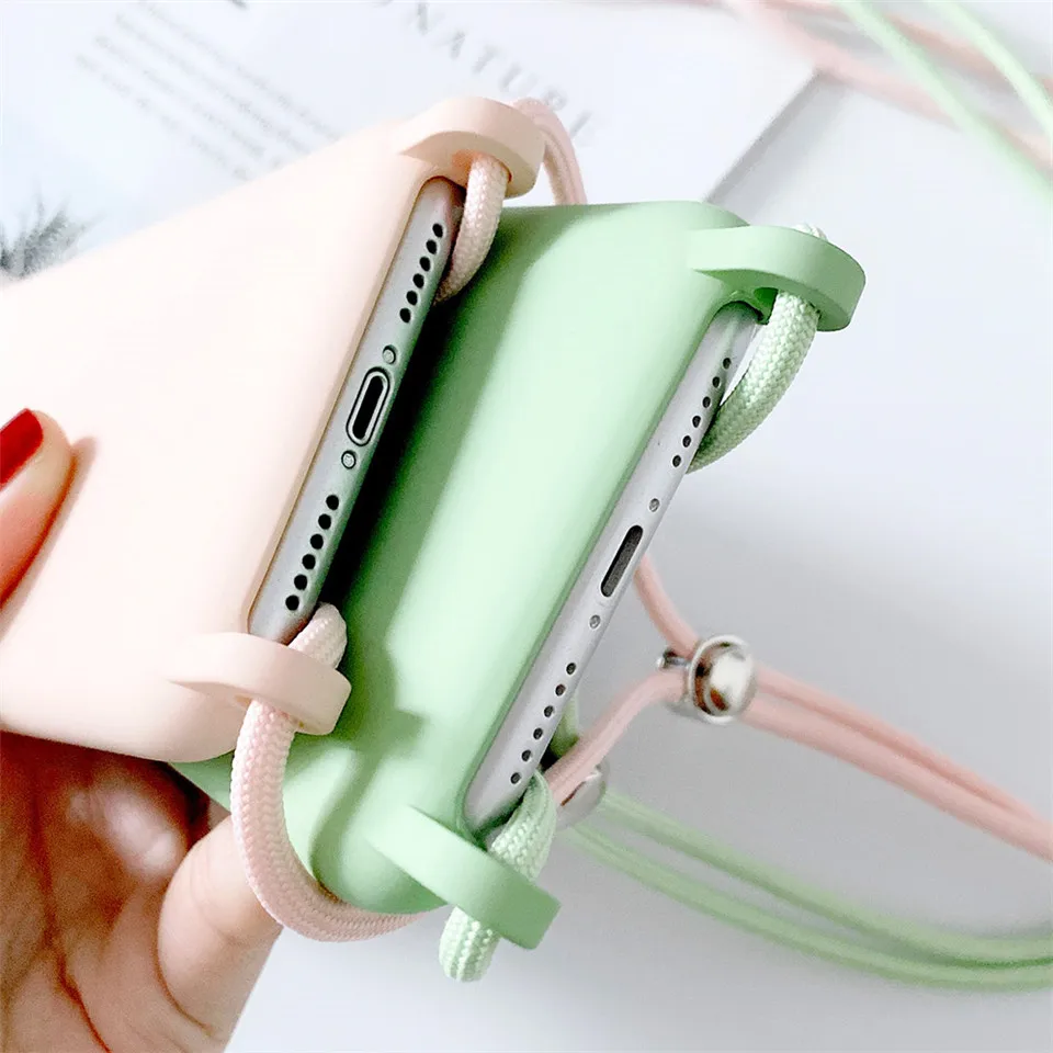 Necklace Lanyard Phone Case For iPhone 14 13 11 Pro XR XS Max 7 8 Plus Liquid Silicone Case Cord Crossbody with Rope Soft Cover
