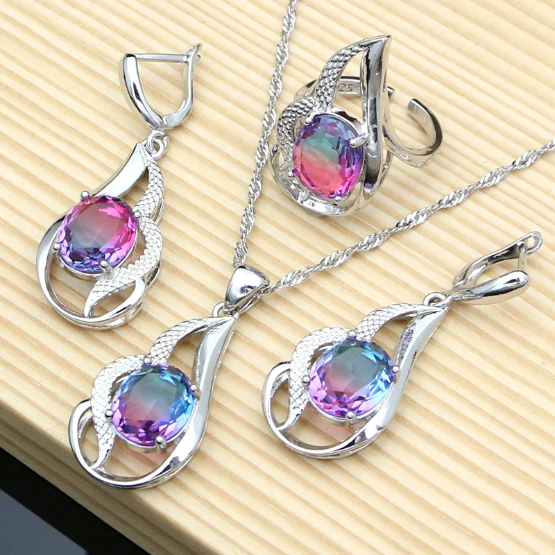 

Mystic Rainbow Fire Tourmaline Jewelry Sets for Women Wedding Necklace Earrings Open Ring Luxury Jewellery Dropshipping