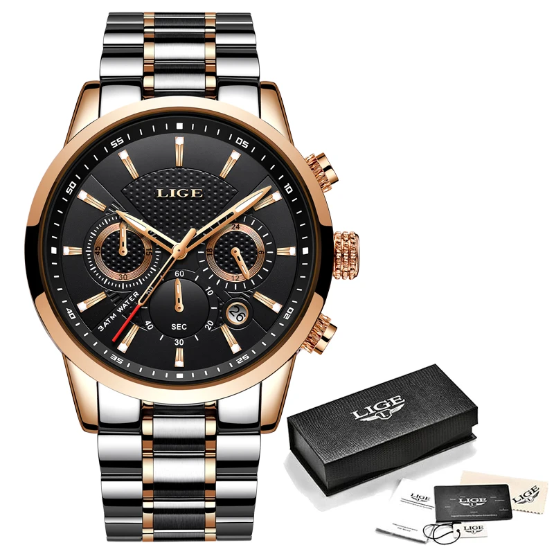 Reloj hombre модные золотые мужские часы lige top класса люкс Бизнес Нержавеющая сталь Водонепроницаемый кварцевые часы Для мужчин, спортивные часы