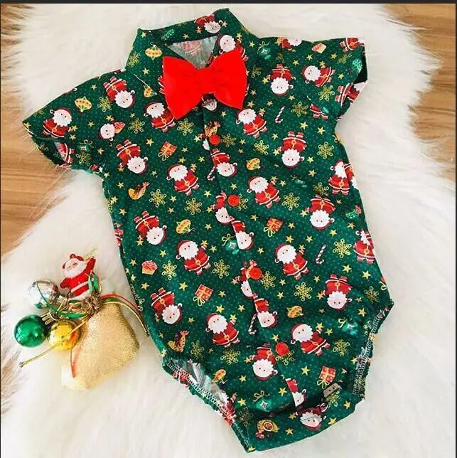 Christmas 0-24M Baby Girls Boys Bodysuits Santa Print Short Sleeve Bow Tie Gentleman Party Jumpsuits | Rompers
