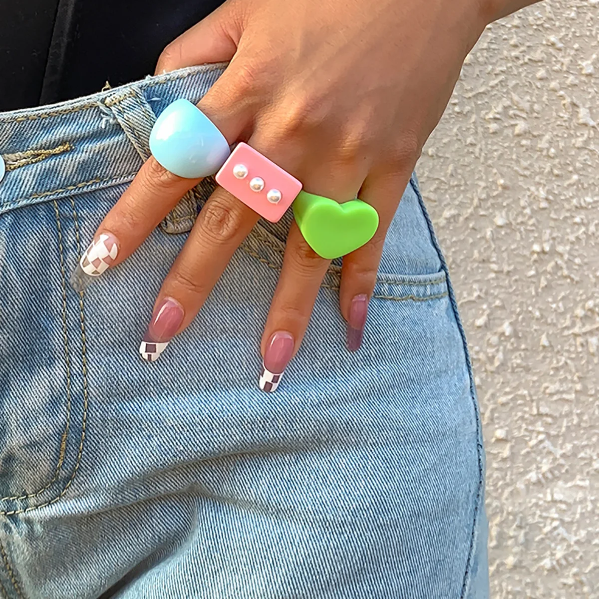 

GREEN Jewelry Colorful Vintage Macaron Rings Set 3PCS Girls Heart Pink Blue Hip Hop Punk Trendy Kpop Christmas Cute Gift Boho
