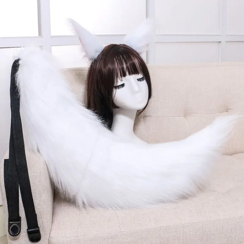 

Japanese Anime Cosplay Costume Accessory Adult Kids Fluffy Plush Cat Wolf Ears Hair Clips Solid Color Long Animal Tail Halloween