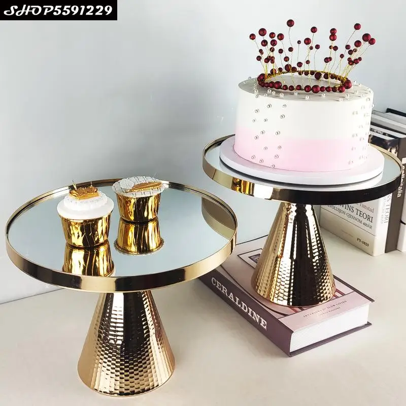 

European Golden Cake Stand Glass Mirror Tray Wedding Party Crafts Metal Dessert Snacks Jewelry Table Cake Decoration Accessories