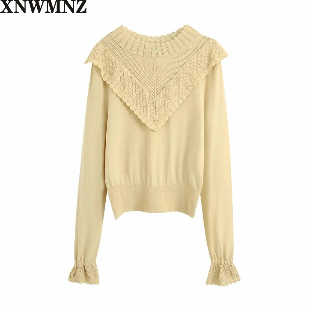 

XNWMNZ Stand Collar Sweaters Women Fashion Solid Cascading Ruffles Sweater Women Elegant Long Sleeve Sweaters Female Ladies