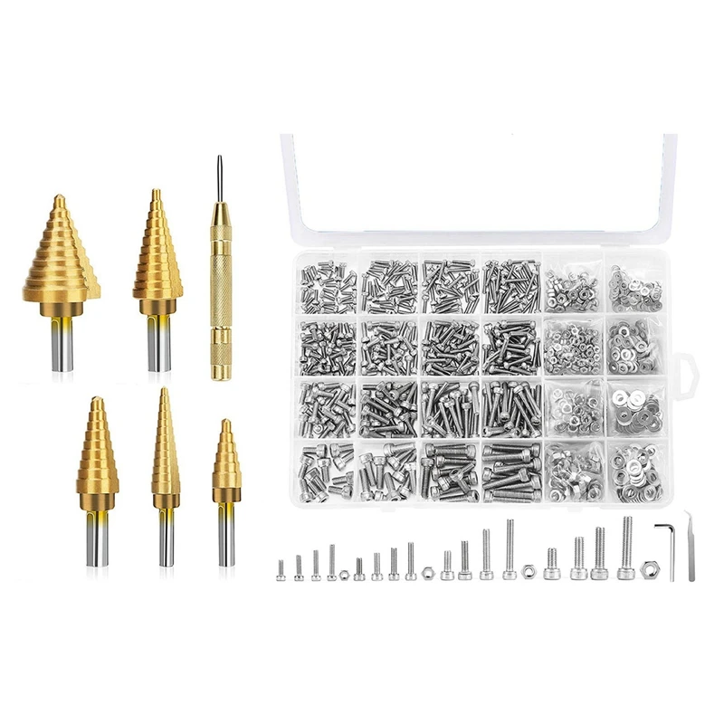 

6 шт. ступенчатое сверло из быстрорежущей стали с титановым покрытием и 1 набор винтов для станка M2 M2, 5 M3, M4, 304 с шестигранной головкой из нерж...