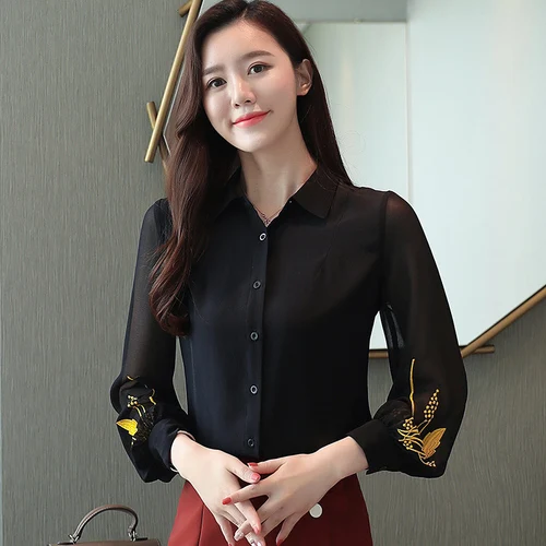 Черный Blusas mujer de moda, шифоновая блузка на черной пуговице, однотонная блуза, женские топы с цветочной вышивкой в стиле Харадзюку, 0186 - Цвет: Черный