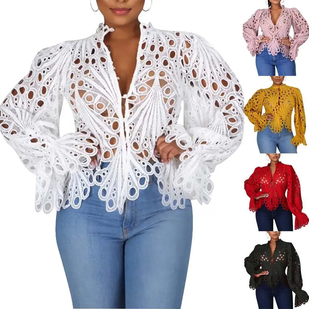 Новинка 2021 элегантная сетчатая кружевная рубашка с длинным рукавом прозрачный