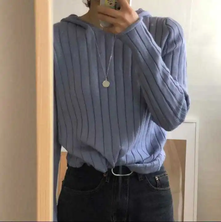 

Женская одежда, милый Однотонный свитер Kawaii с вертикальным капюшоном, плотный джемпер, зимние женские свитера Harajuku Ulzzang для женщин