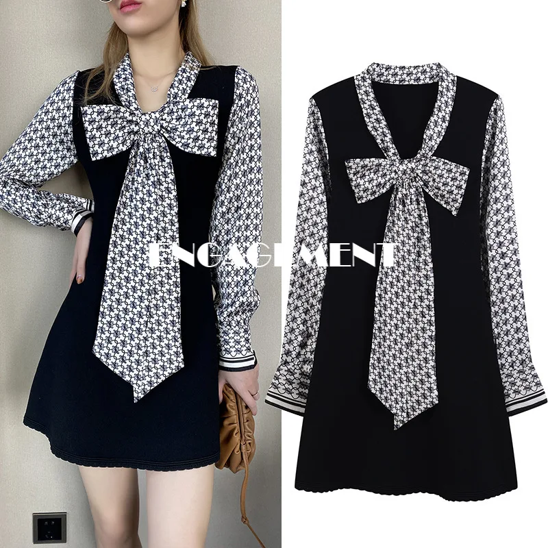 

ENGAGEMENT 2021 Autumn Majeth New V-neck Bow Stitching Knit Dress Waist Slimming Printed Skirt