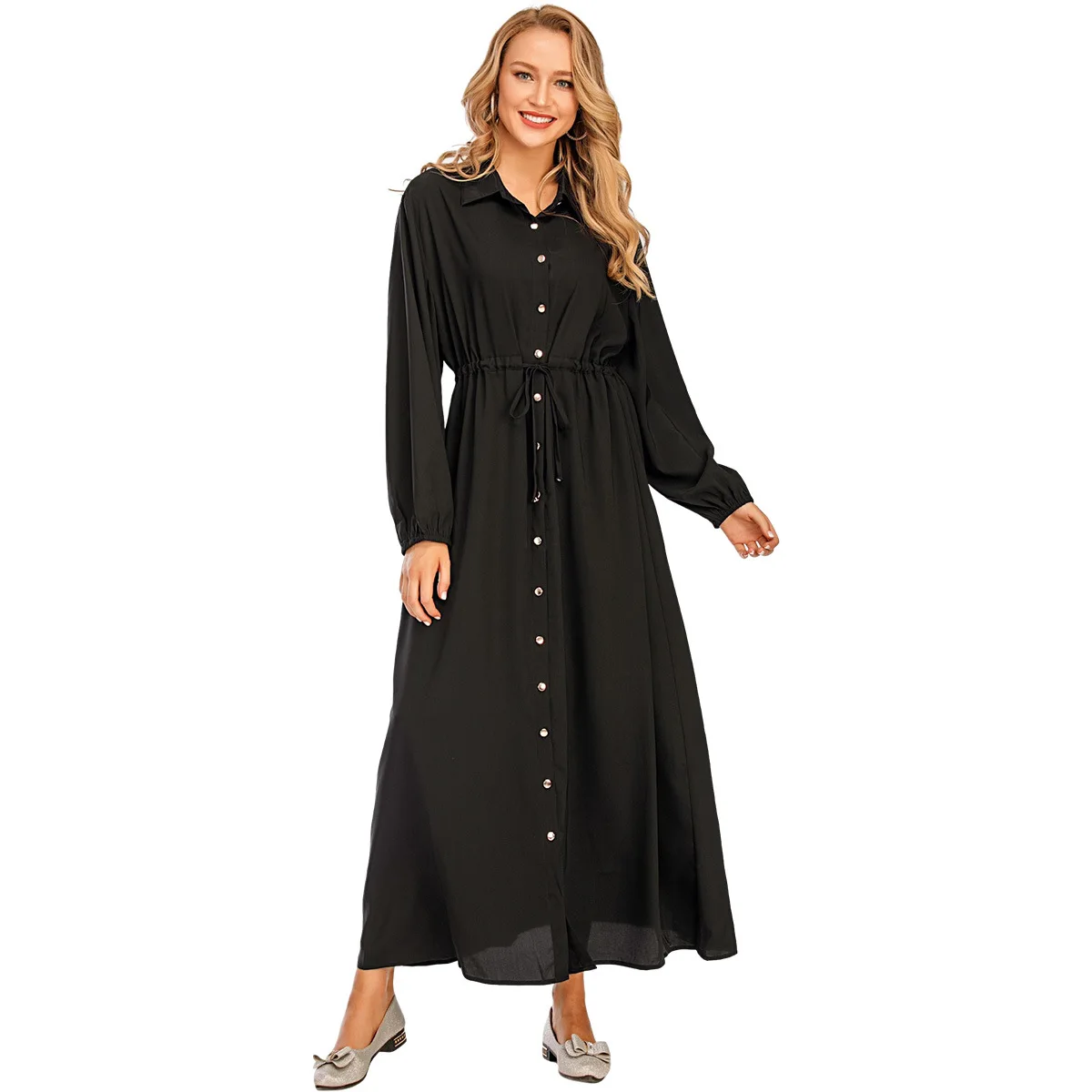 

Lapel Solid Color Muslim Dress Single Breasted Buttons High Waist Long Maxi Dresses Long Sleeve Thin Autumn Party Dress TA6289