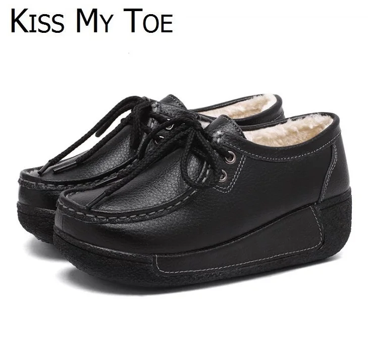 Женская повседневная обувь на танкетке теплая дышащая из натуральной кожи меху