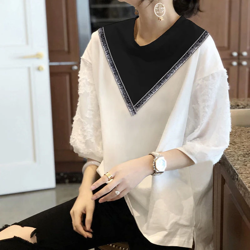 

Spring and Summer New Women's Five-point Sleeve T-shirt Lace Stitching Fashion Short-sleeved Students All-match Thin Shirt