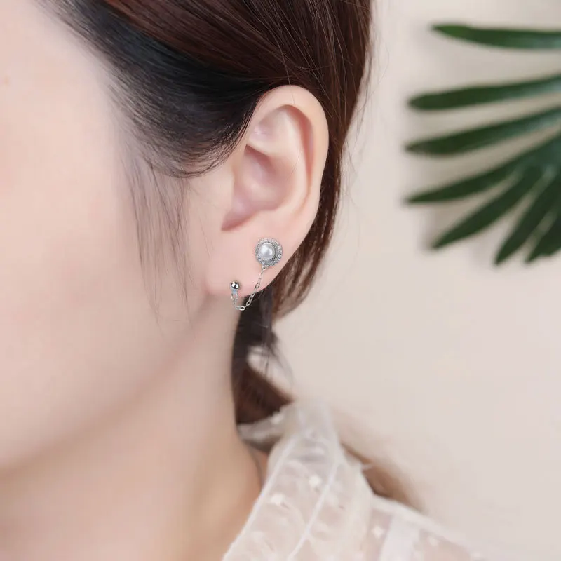 

Women's Earrings S925 Sterling Silver Pearl Chain Temperament Double Earhole Design Sense of 2021 New Style