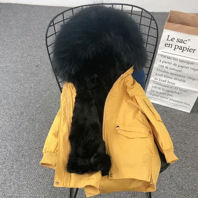 Yellow Black Детское пальто с мехом; зимняя одежда для мальчиков и девочек; детские куртки с натуральным кроличьим мехом; Верхняя одежда для девочек; плотная теплая парка; детская ветровка; TZ336 - Цвет: Yellow Black