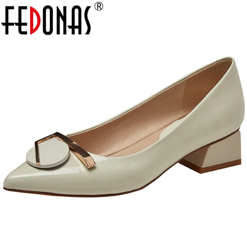 

FEDONAS Metal Decoration Shoes For Women Genuine Leather Thick Heels Pumps Women 2021 Newest Fashion Party Shoes Woman Heels