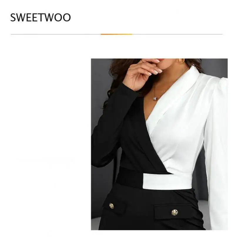 

2021 plus size women's clothing dress sexy long sleeves hit color commuter slim suit black and white stitching casual party dres