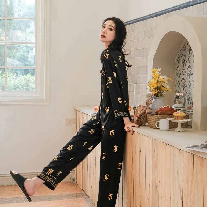 Long Sleeve Pajamas Autumn Trousers Suit Fashion Pyjama Set Large Size Nightwear Home Service House Nightdress Costume Outfit