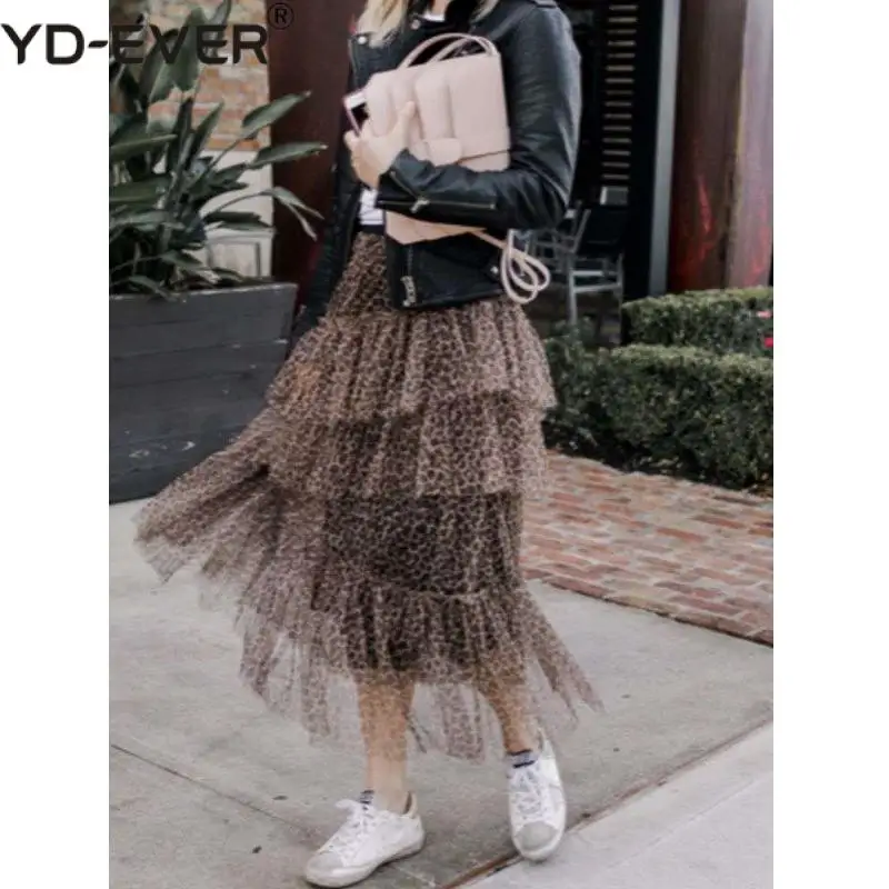 Женская фатиновая юбка с леопардовым принтом асимметричная многослойная