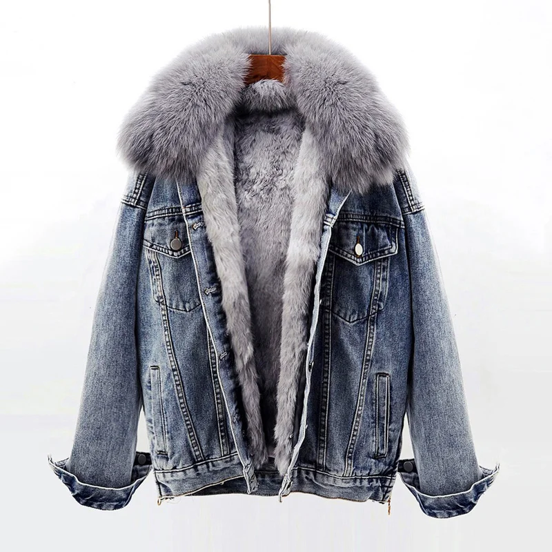 

Winter Warm Denim Jacket Women Fox Fur Collar + Removable Rabbit Fur Liner Jeans Jacket Coat Loose Outwear Female Chaqueta Mujer