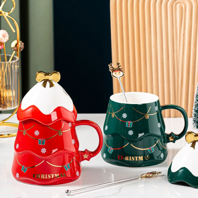 

500ml Coffee Cup Christmas Ceramic Mug with Lid Spoon Christmas Tree Anti-scalding Water Cup New Year 2022 Household Decorations