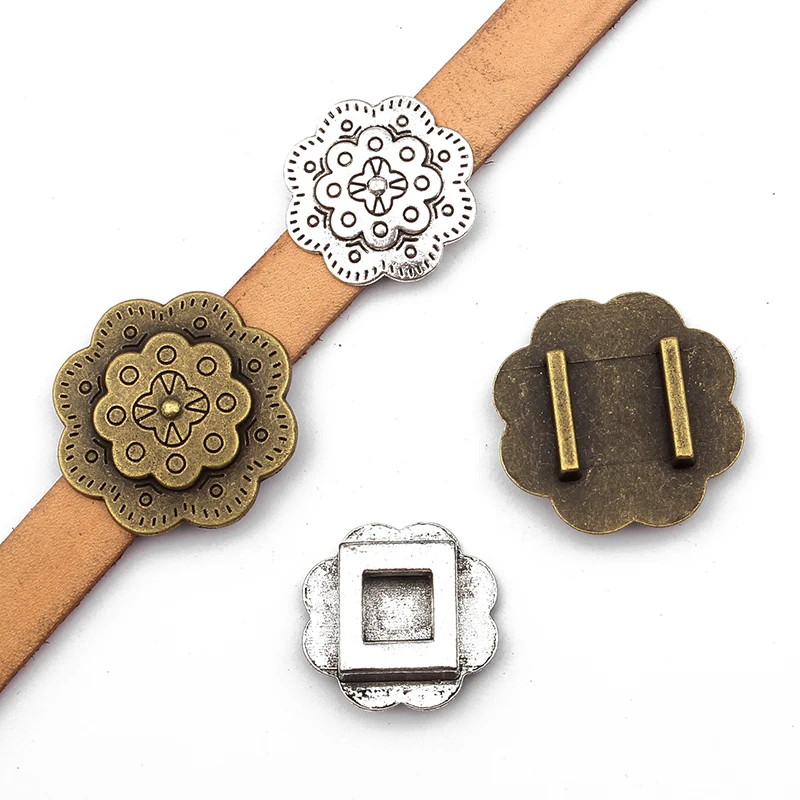 

6pcs 13*2mm Double Layer Embossment Flower Shaped Slider Spacers For Flat Leather Cord