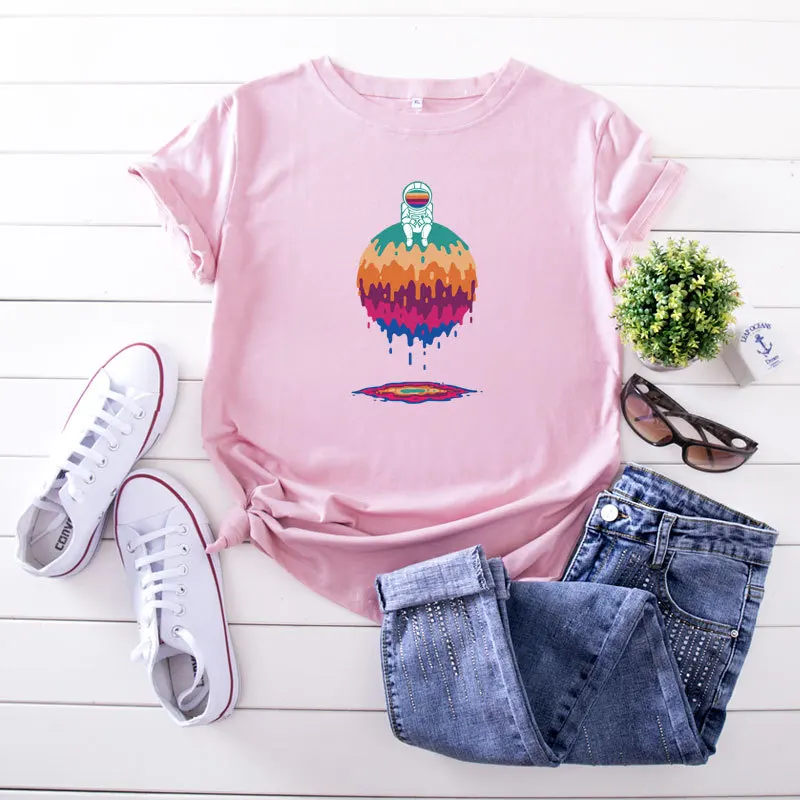 Женская футболка большого размера из 100% хлопка с круглым вырезом коротким