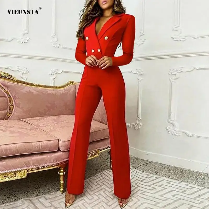 

The New Professional Women Slim Suit Work Overalls Fashion Lapel Long Sleeve Button Jumpsuits Elegant Solid Color Romper Clothes