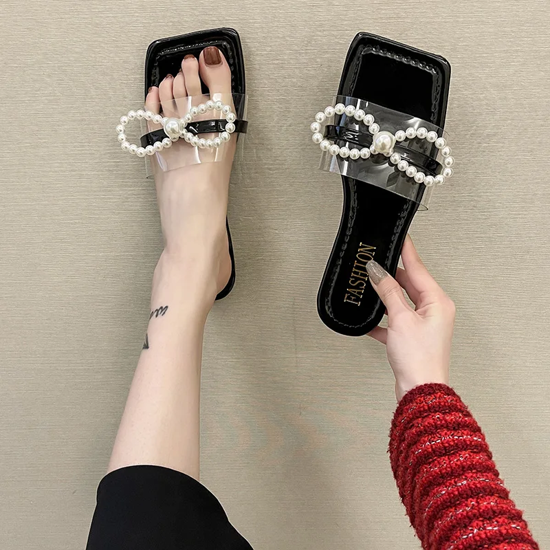 

Butterfly-Knot String Bead Slippers Casual Shoes Woman 2021 Low Transparent Heel Pantofle Luxury New Flat Rubber Slides Fabric F