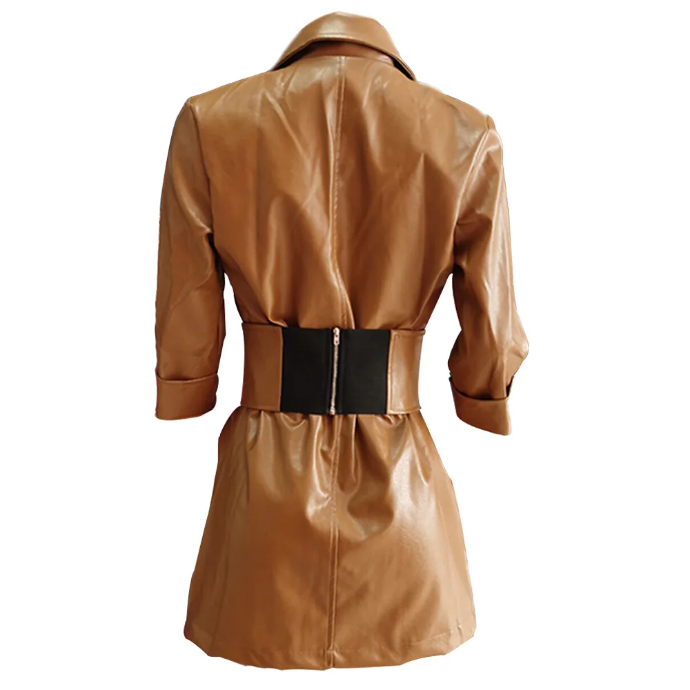 

Autumn and Winter Solid Color Pu Leather Suit Collar Mid-length Sleeve Dress Leather Jacket Leather Coat Women