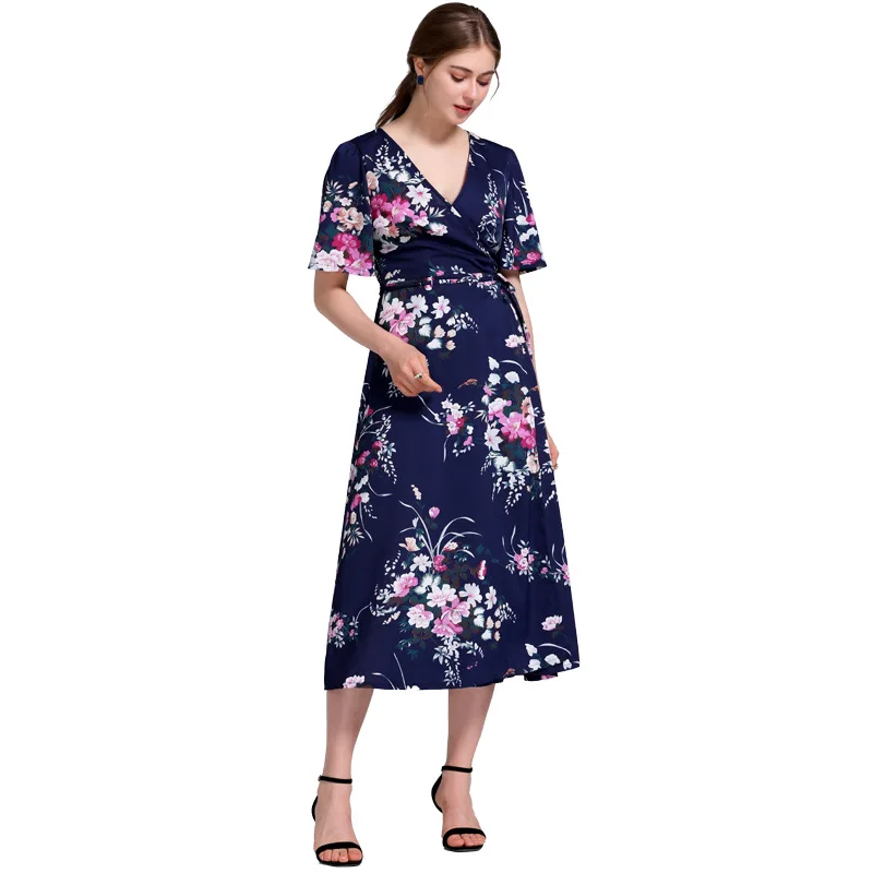 

Sexy V-neck Black Dress Summer New Fashion Elegant Short Sleeve Flower Dress Women Clothes Blue