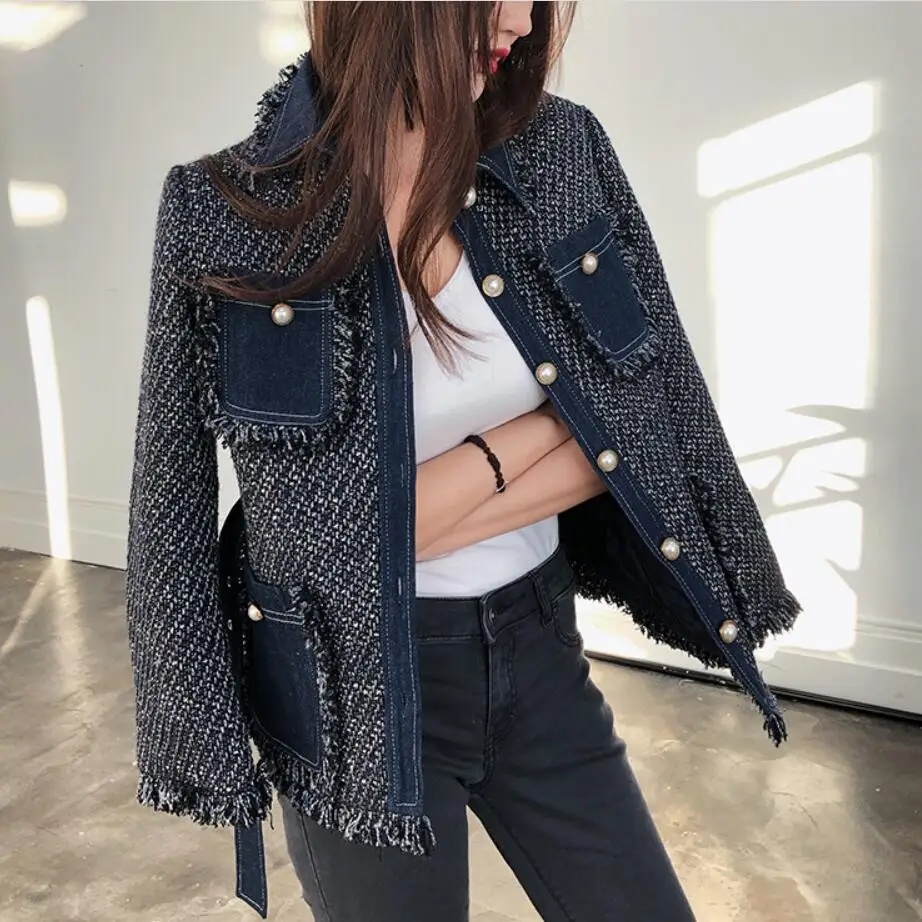 Осень Зима Небольшой аромат кисточкой твидовый шерстяной Блейзер для женщин