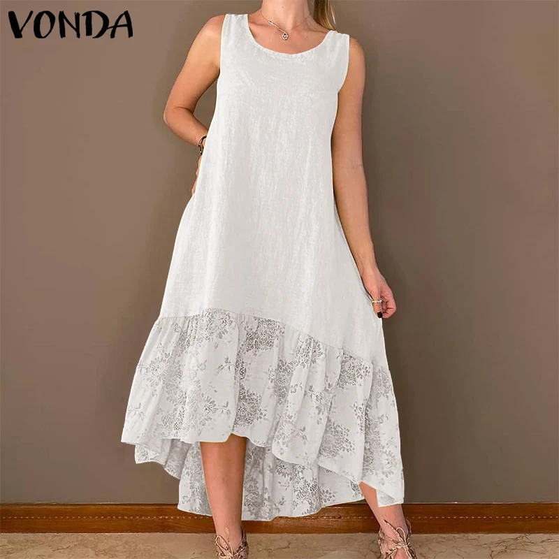 

Женское богемное платье VONDA Y2K, летнее лоскутное платье без рукавов, женское винтажное кружевное лоскутное асимметричное длинное платье для...