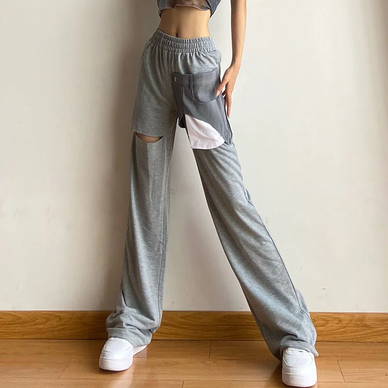 

XUXI 2021 Spring Autumn Thin Trousers Women Solid Color High-waist Lace-up Fashion Stitching Big Pocket Wide-leg Pants E3092