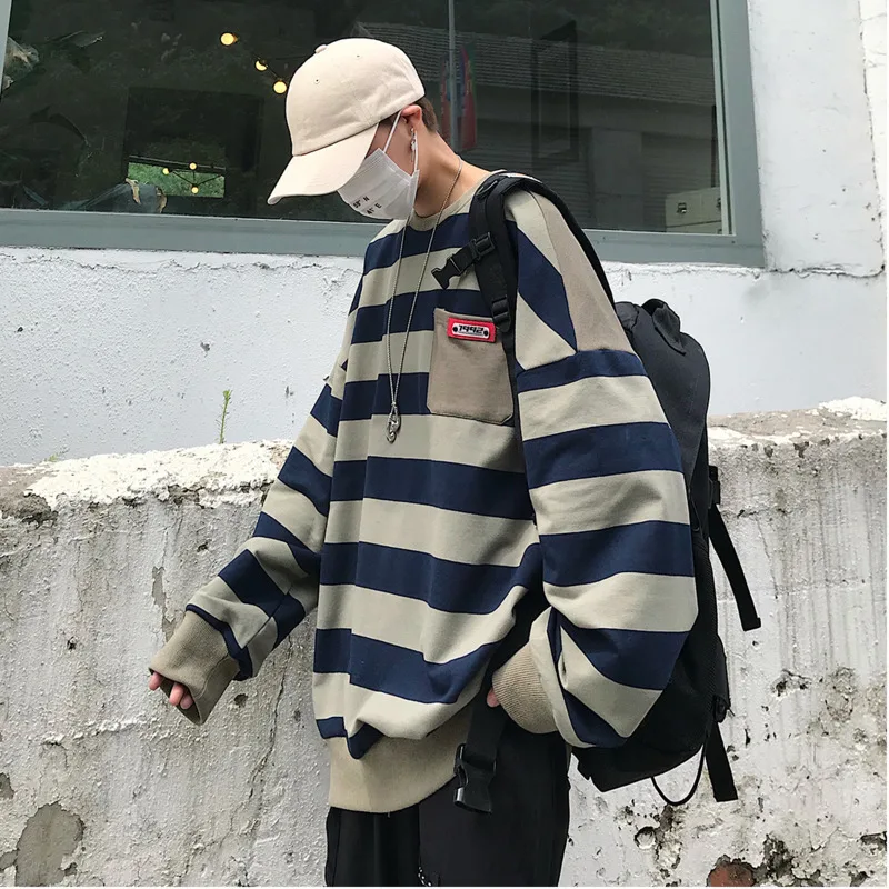 2019 Spring And Autumn New Contrast Color Striped Stitching Loose Sweatshirt Casual Pullover Navy Blue Yellow / Army Green | Мужская